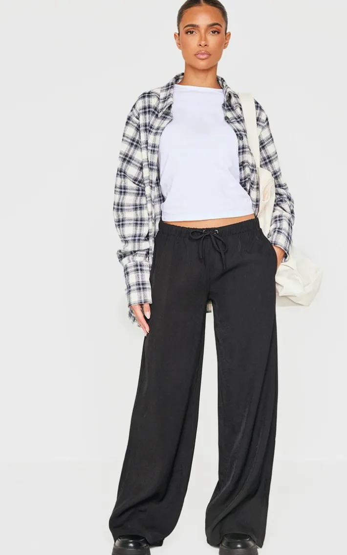 Black Premium Woven Drawstring Waistband Low Rise Pants