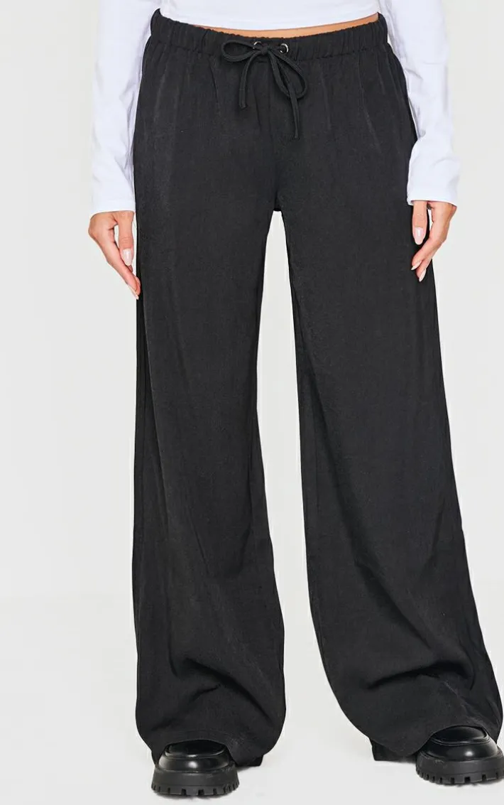 Black Premium Woven Drawstring Waistband Low Rise Pants