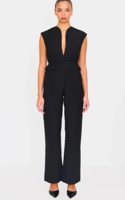 Black Premium Woven Sleeveless Waist Detail Straight Leg Jumpsuit