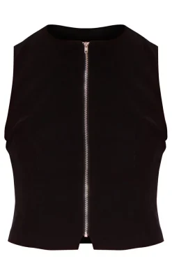 Clearance PrettyLittleThing Premium Woven Zip Up Detail Sleeveless Top Black