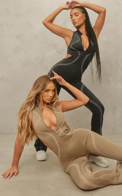 PrettyLittleThing Seamless Gym Wear*Seamless Contrast Seam Cut Out Sleeveless Unitard