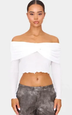 PrettyLittleThing Blouses*Black Printed Burnout Mesh Fold Over Twist Detail Bardot Long Sleeve Top