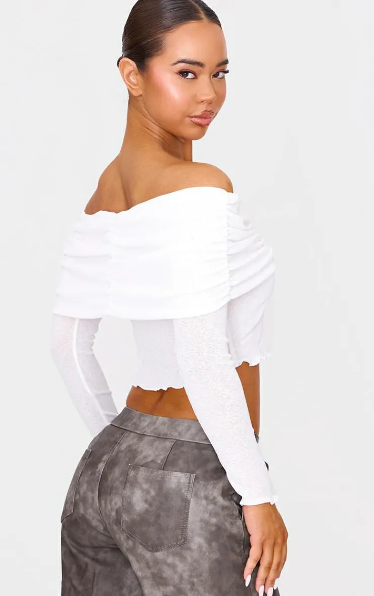 PrettyLittleThing Blouses*Black Printed Burnout Mesh Fold Over Twist Detail Bardot Long Sleeve Top