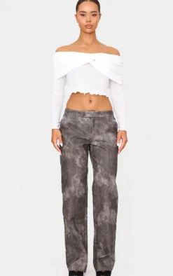 PrettyLittleThing Blouses*Black Printed Burnout Mesh Fold Over Twist Detail Bardot Long Sleeve Top