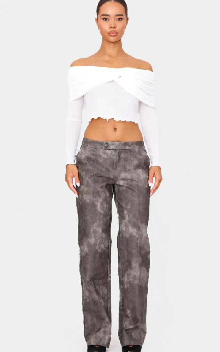 PrettyLittleThing Blouses*Black Printed Burnout Mesh Fold Over Twist Detail Bardot Long Sleeve Top
