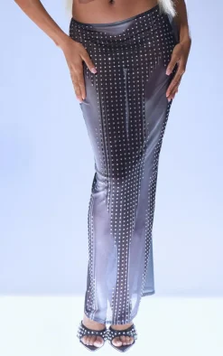 Online PrettyLittleThing Printed Mesh Diamante Hot Fix Low Rise Maxi Skirt Black