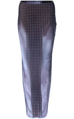 Online PrettyLittleThing Printed Mesh Diamante Hot Fix Low Rise Maxi Skirt Black