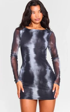 Printed Mesh Long Sleeve Bodycon Dress-PrettyLittleThing Hot
