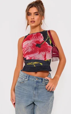 PrettyLittleThing Sleeveless Tops*Printed Mesh Tie Detail Boat Neck Top
