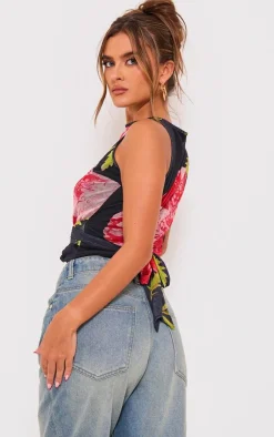 PrettyLittleThing Sleeveless Tops*Printed Mesh Tie Detail Boat Neck Top