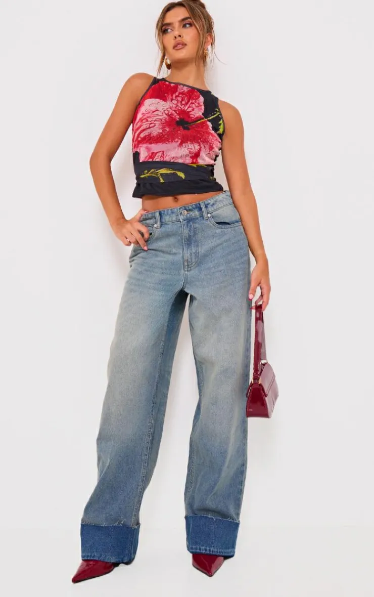 PrettyLittleThing Sleeveless Tops*Printed Mesh Tie Detail Boat Neck Top
