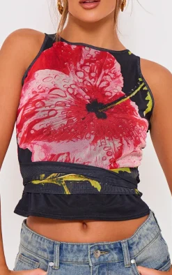 PrettyLittleThing Sleeveless Tops*Printed Mesh Tie Detail Boat Neck Top