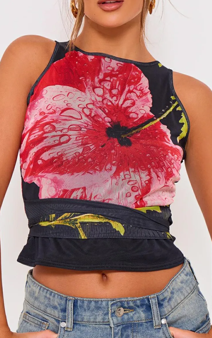 PrettyLittleThing Sleeveless Tops*Printed Mesh Tie Detail Boat Neck Top