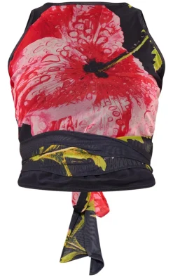 PrettyLittleThing Sleeveless Tops*Printed Mesh Tie Detail Boat Neck Top