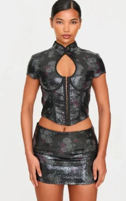 Outlet PrettyLittleThing Printed Sequin Band Collar Corset Top Black