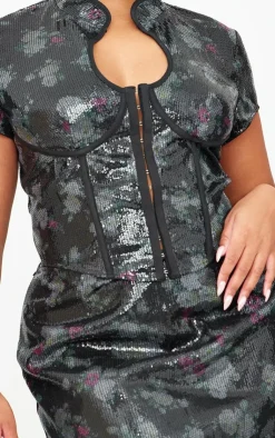 Outlet PrettyLittleThing Printed Sequin Band Collar Corset Top Black