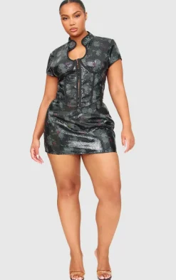 Outlet PrettyLittleThing Printed Sequin Band Collar Corset Top Black