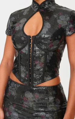 Outlet PrettyLittleThing Printed Sequin Band Collar Corset Top Black