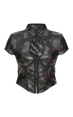 Outlet PrettyLittleThing Printed Sequin Band Collar Corset Top Black