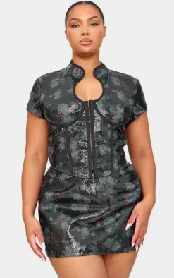Outlet PrettyLittleThing Printed Sequin Band Collar Corset Top Black