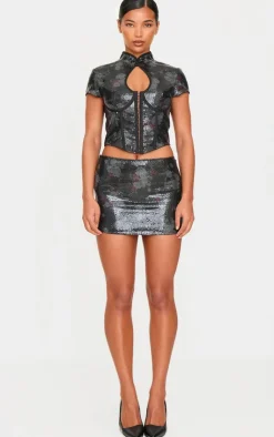 PrettyLittleThing Printed Sequin Micro Mini Skirt Black