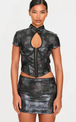 PrettyLittleThing Printed Sequin Micro Mini Skirt Black
