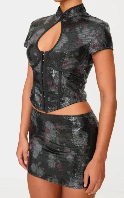PrettyLittleThing Printed Sequin Micro Mini Skirt Black