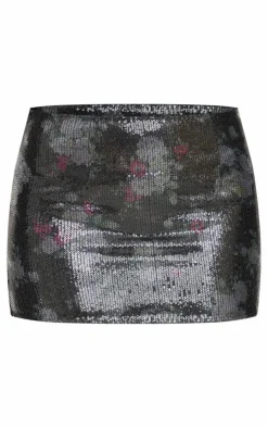 PrettyLittleThing Printed Sequin Micro Mini Skirt Black