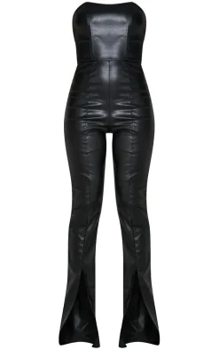 Black PU Bandeau Hem Split Jumpsuit