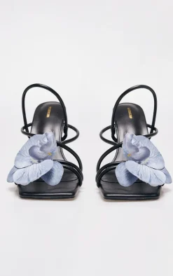 PrettyLittleThing Statement Heels*PU Blue Flower Strappy Sling Back Heeled Sandals