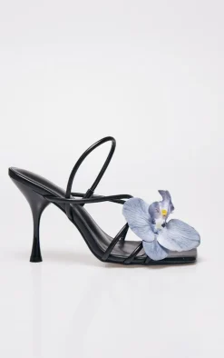 PrettyLittleThing Statement Heels*PU Blue Flower Strappy Sling Back Heeled Sandals