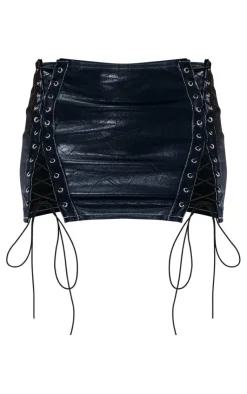 Best PrettyLittleThing PU Contrast Stitch Detail Lace Up Micro Mini Skirt Black