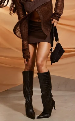 PrettyLittleThing Knee High Boots*PU Croc Detail Point Toe Stiletto Heeled Knee Boots