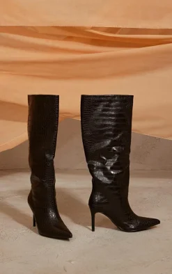 PrettyLittleThing Knee High Boots*PU Croc Detail Point Toe Stiletto Heeled Knee Boots