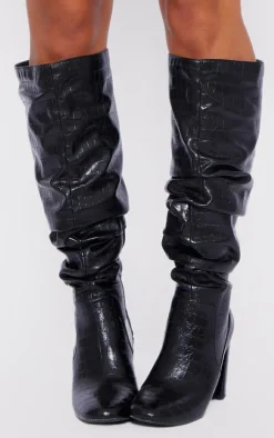PrettyLittleThing Knee High Boots*Pu Croc Round Toe Ruched Knee High Boots
