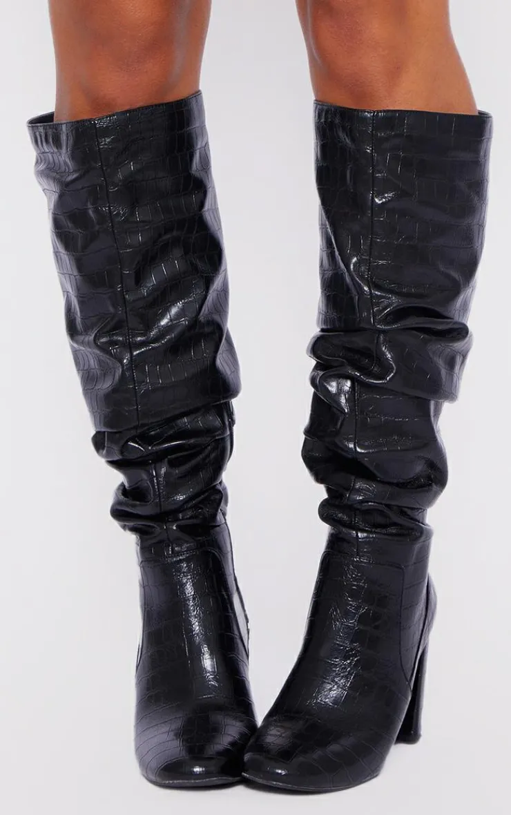PrettyLittleThing Knee High Boots*Pu Croc Round Toe Ruched Knee High Boots