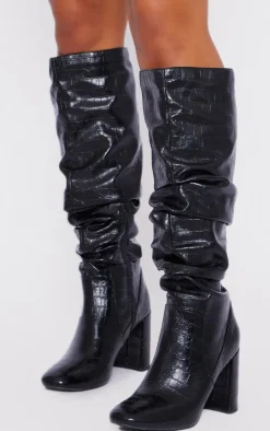 PrettyLittleThing Knee High Boots*Pu Croc Round Toe Ruched Knee High Boots
