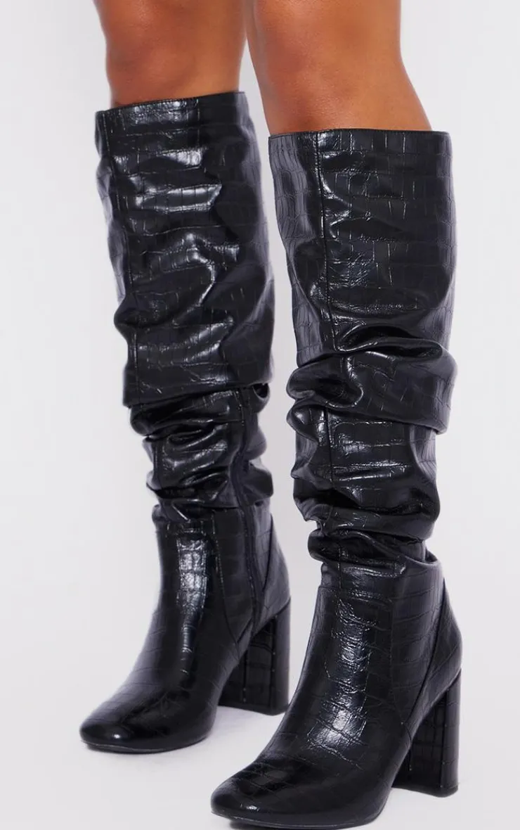 PrettyLittleThing Knee High Boots*Pu Croc Round Toe Ruched Knee High Boots