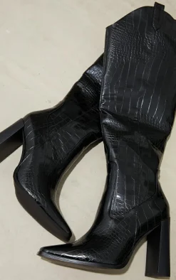PrettyLittleThing Knee High Boots*PU Croc Square Toe Curved Edge Knee High Boots