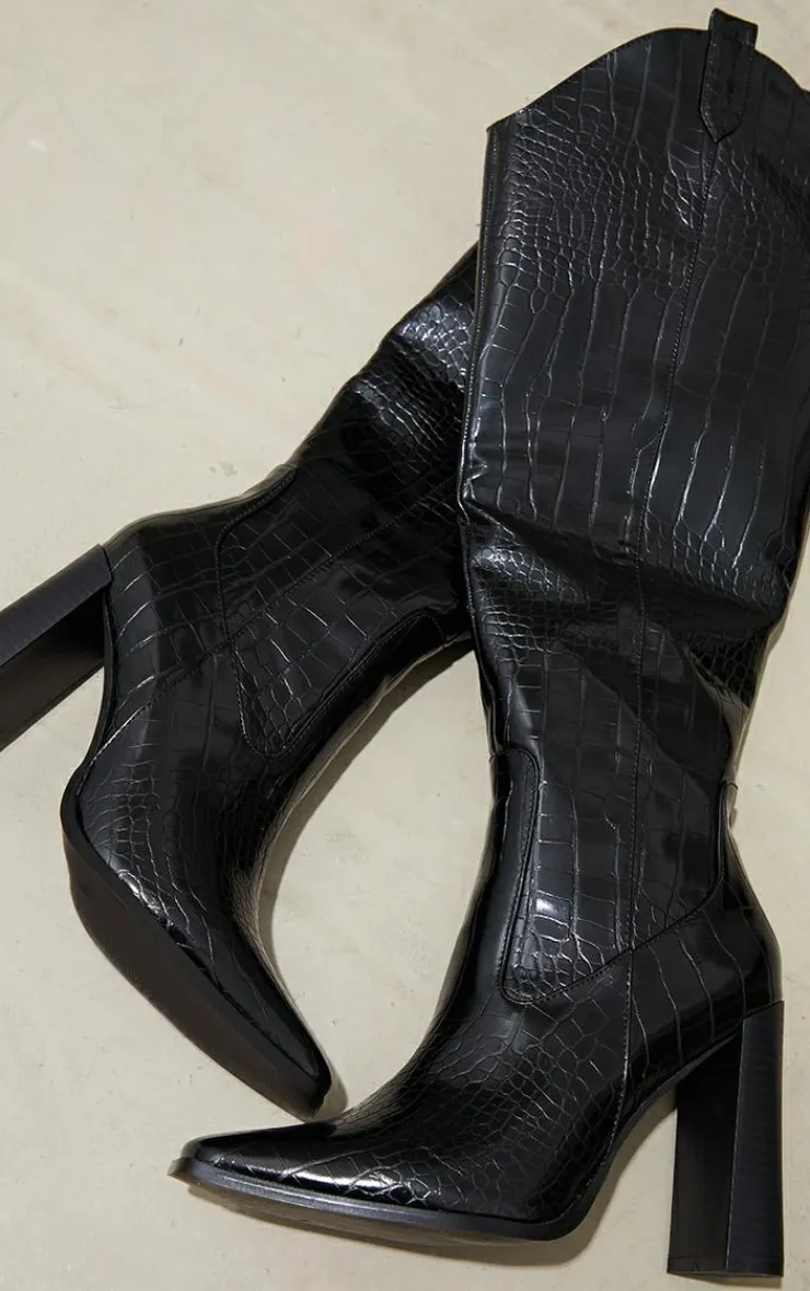 PrettyLittleThing Knee High Boots*PU Croc Square Toe Curved Edge Knee High Boots