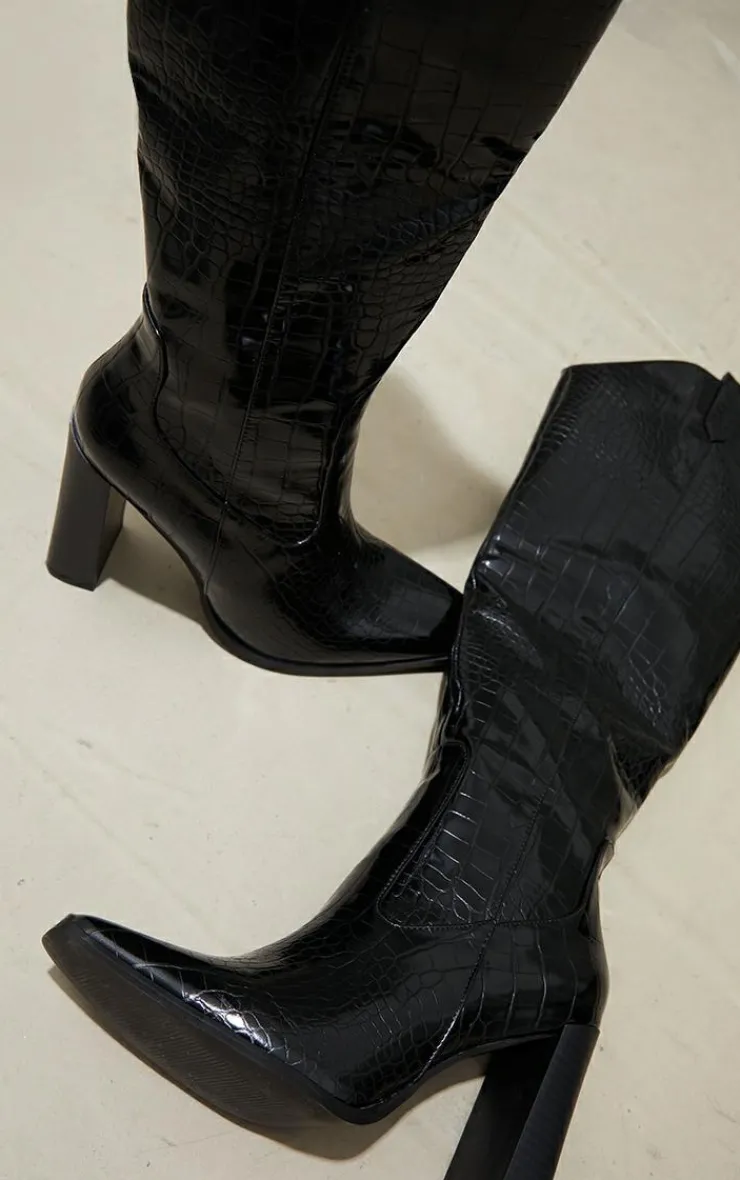 PrettyLittleThing Knee High Boots*PU Croc Square Toe Curved Edge Knee High Boots