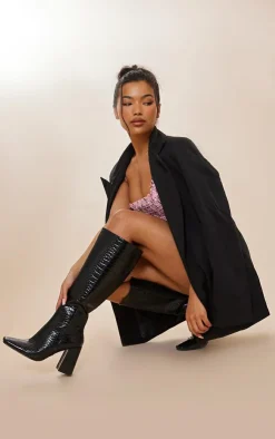 PrettyLittleThing High Heels*Pu Croc Square Toe Knee High Heeled Knee Boots