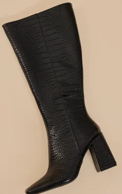 PrettyLittleThing High Heels*Pu Croc Square Toe Knee High Heeled Knee Boots