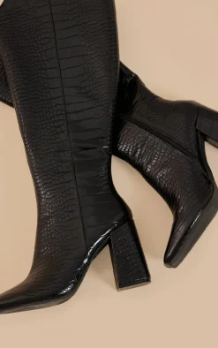 PrettyLittleThing High Heels*Pu Croc Square Toe Knee High Heeled Knee Boots