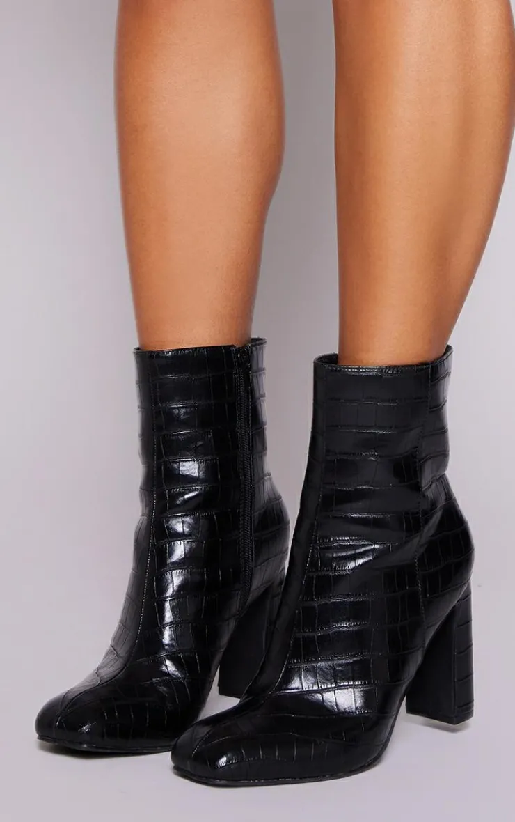 PrettyLittleThing High Heels*Pu Croc Square Toe Zip Block High Heeled Ankle Boots