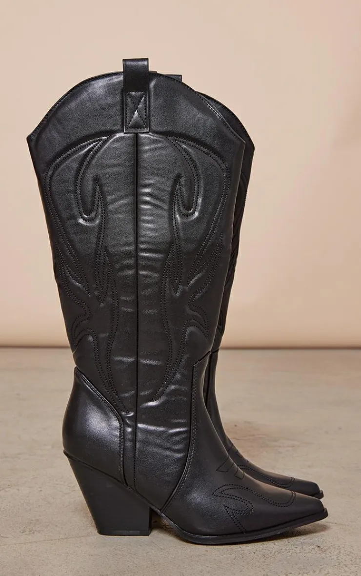 PrettyLittleThing Knee High Boots*Pu Detail Point Toe Knee High Western Boots