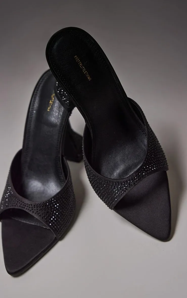PrettyLittleThing Mules*PU Diamante Point Toe Square Mid Heeled Mules