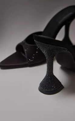 PrettyLittleThing Mules*PU Diamante Point Toe Square Mid Heeled Mules