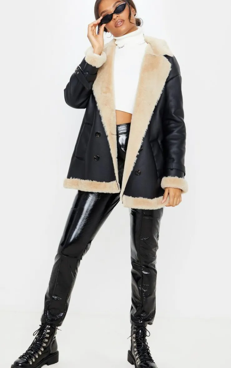 PrettyLittleThing Aviator Jackets*PU Faux Fur Trim Vintage Style Coat