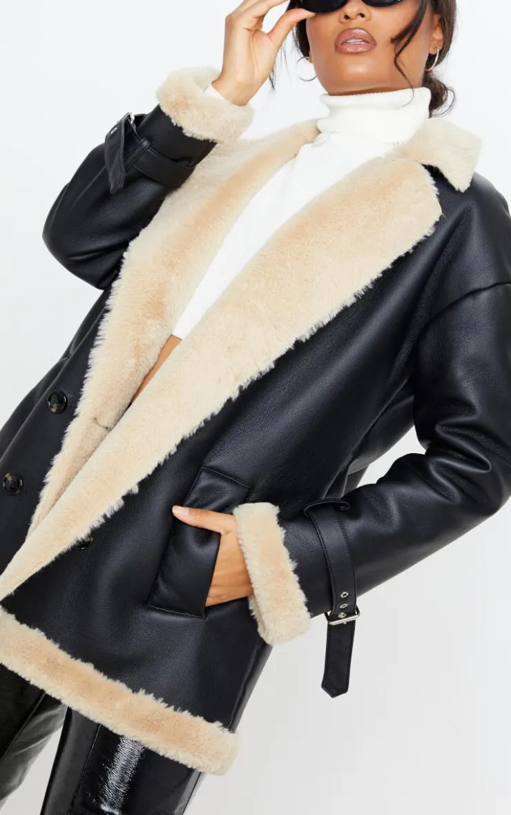 PrettyLittleThing Aviator Jackets*PU Faux Fur Trim Vintage Style Coat